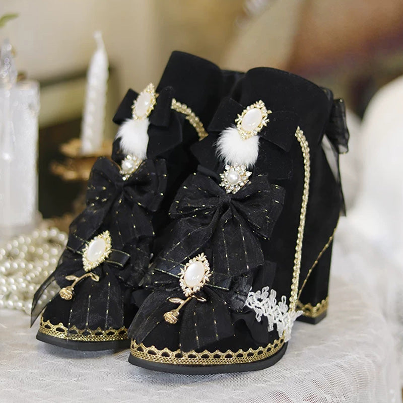 Sweet Luxurious Lolita Ankle Boots with Chunky Heel and Pom-Pom Bow Pearl Detail
