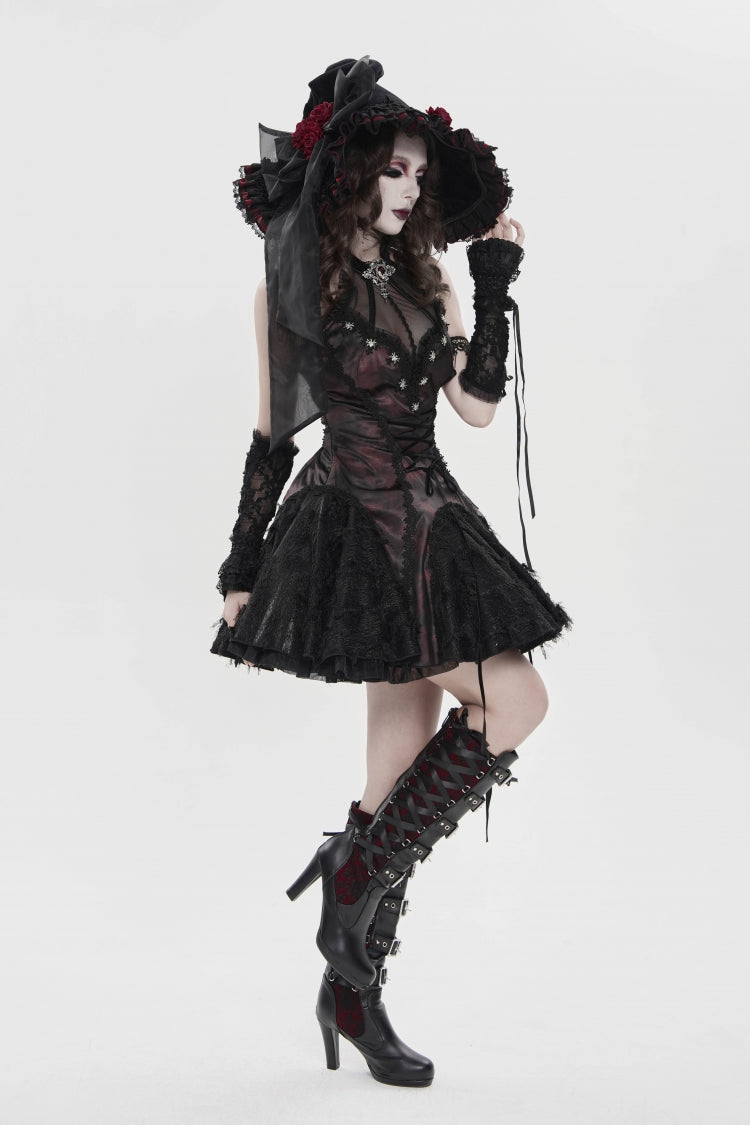Crimson & Noir Off-Shoulder Strapless Lace-Up Pleated Gothic Gown with Embroidered Trim