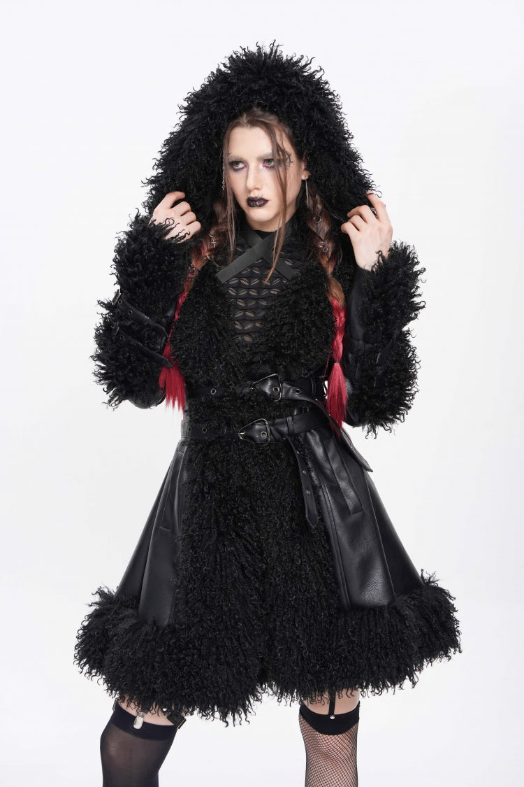 Women's Punk Coat with Plush Stitching, Buckle Straps and Hood, Long Sleeve