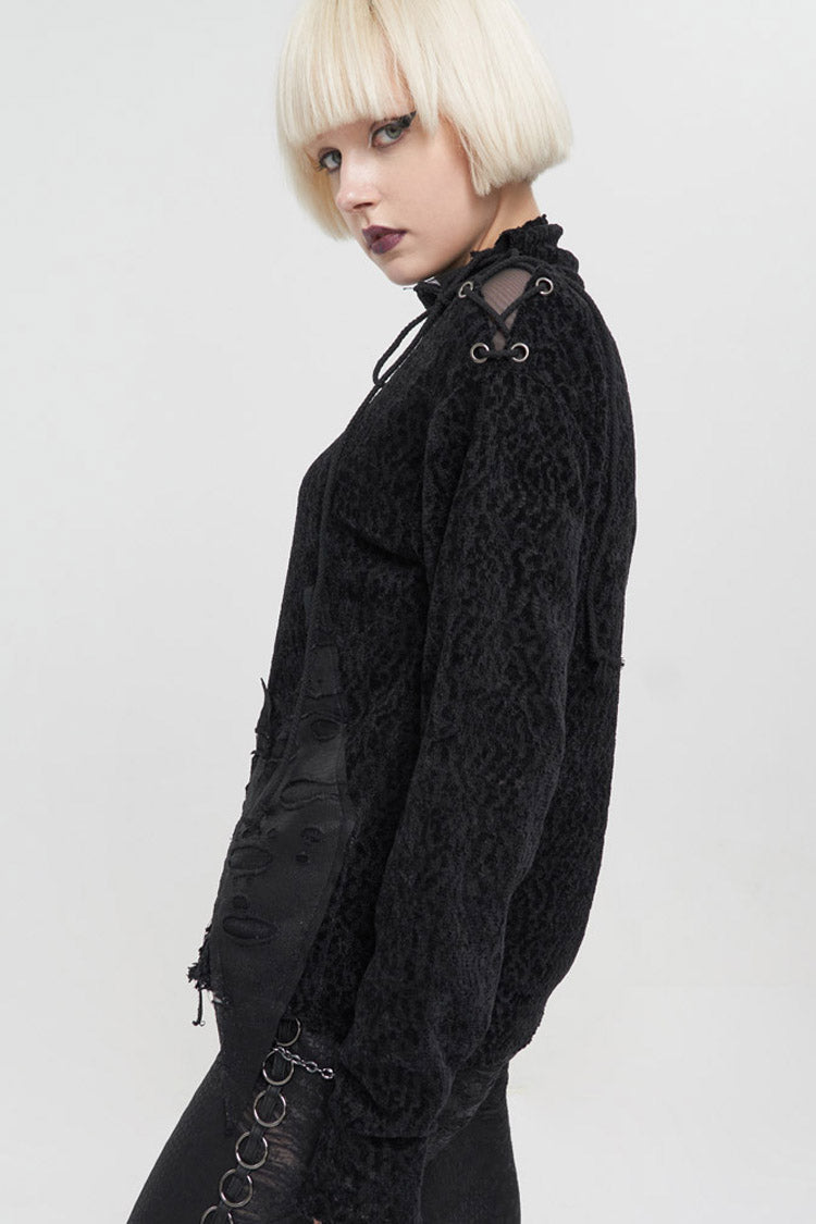 Distressed Wool Sweater with Irregular Hem for Women - Noir