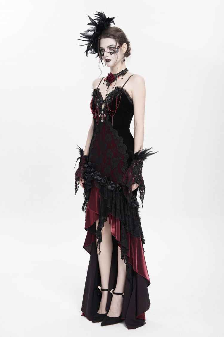 Crimson Gothic JSK with Embroidered Lace and Sleeveless Bardot Neckline