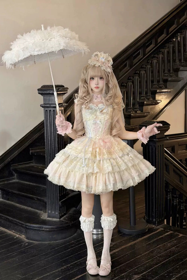 Cloudwhale Dreamweaver Square Collar Multi-Layered Ruffled Bow Lace Sweet Lolita Jsk Dress