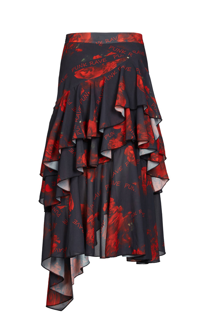 Crimson Noir Layered Chiffon Pattern Print High-Waist Punk Skirt