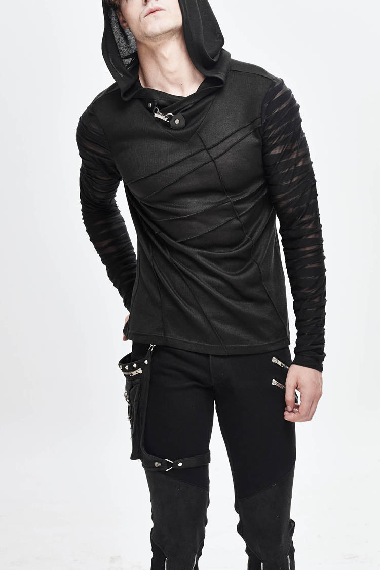 Men's Punk T-Shirt with Hood and Metal Button Striped Patchwork