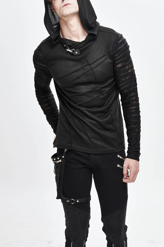 Men's Punk T-Shirt with Hood and Metal Button Striped Patchwork