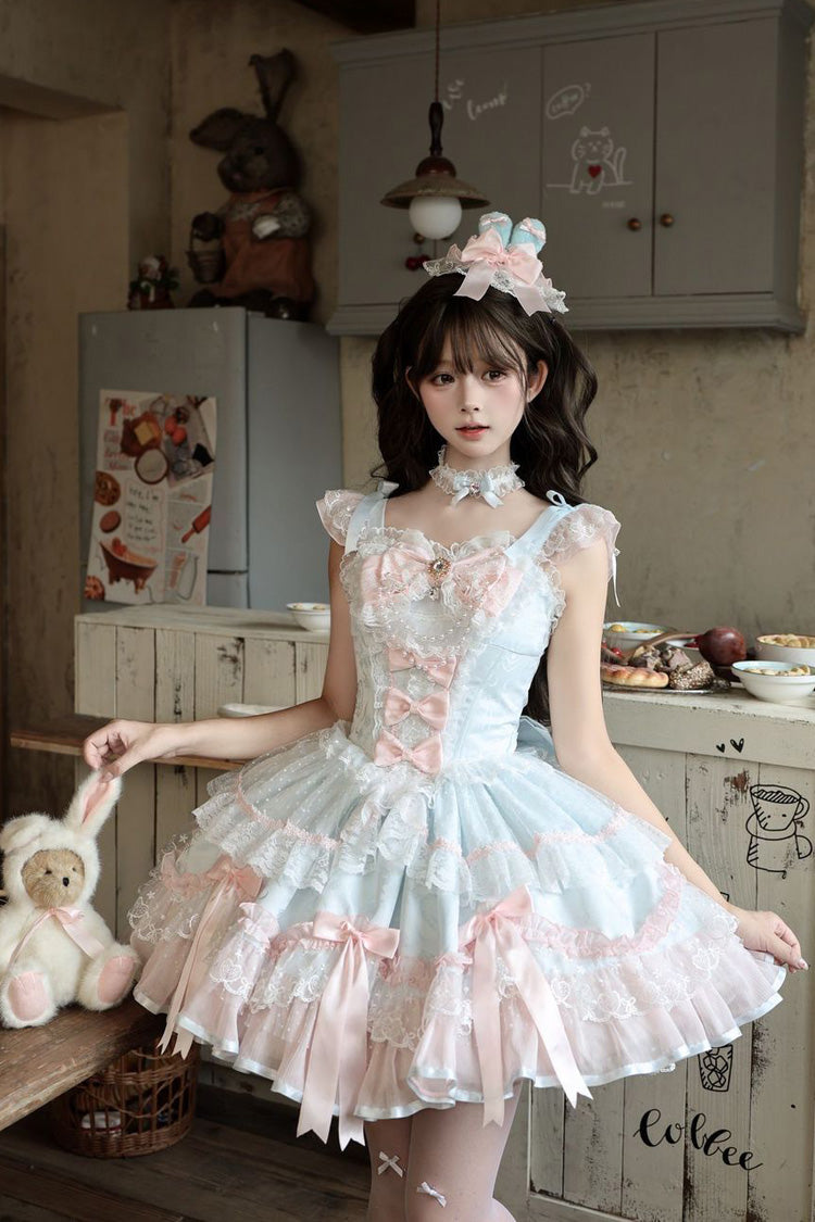 Square Collar Pearl-Trimmed Ruffled JSK with Bow Accents - Candy Satin Ballet