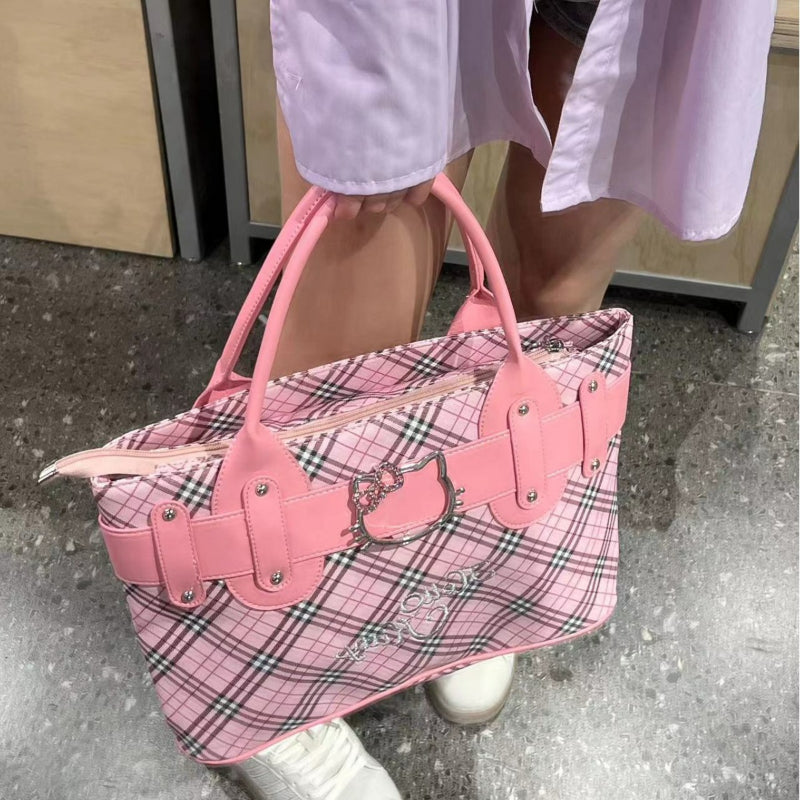 Sac fourre-tout brodé en losanges Pink Kitty KI630