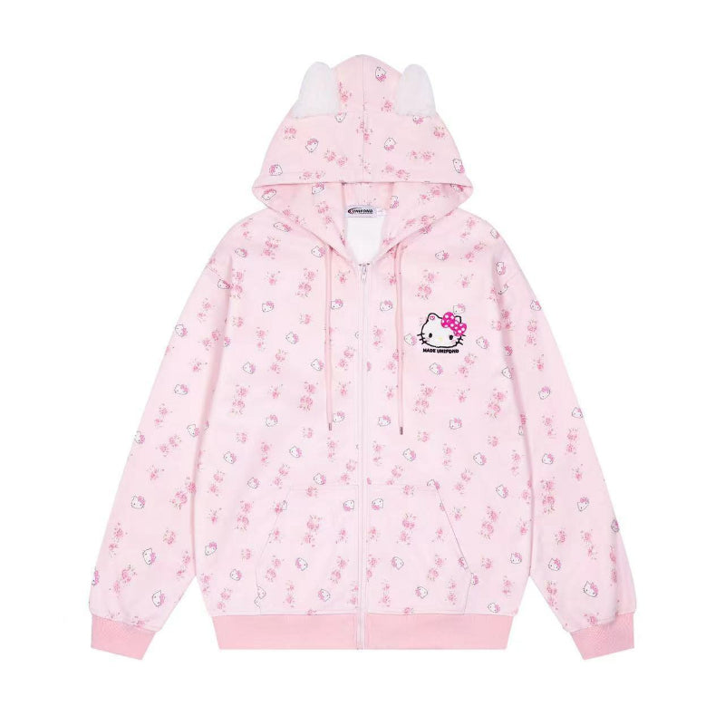 Pull à capuche fleuri avec joli chat KI615