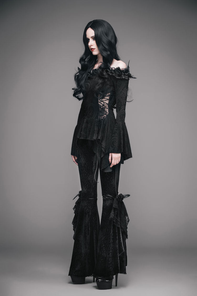 Gothic One-Shoulder Blouse with Rose, Lace-Up Flare Sleeves & Side Splice