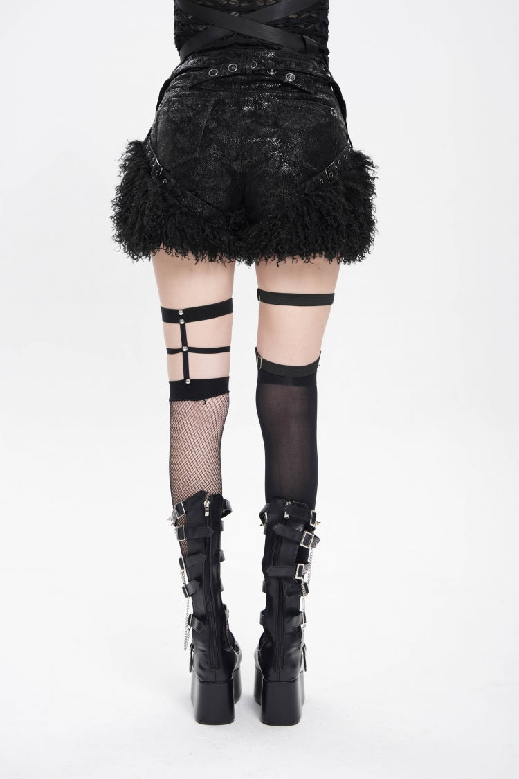 Plush Stitched Punk Shorts with Buckle Straps - Gothic Edge
