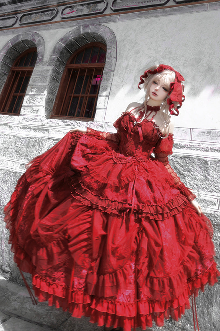Burgundy Cross-Strap Bow Lace Princess Gothic Lolita Gown