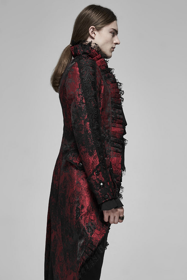 Crimson & Noir Long Sleeve Lace Elegant Men's Vintage Tuxedo Coat