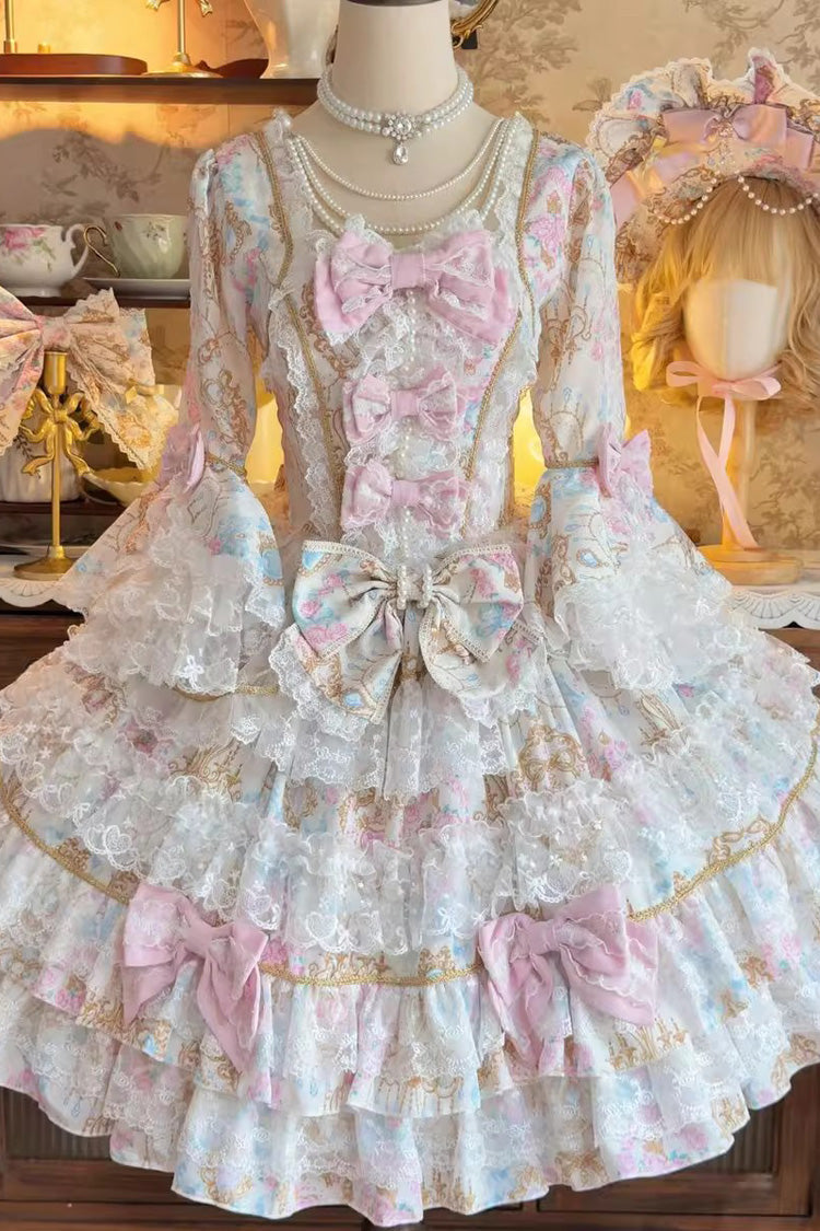 Long Flared Sleeves Multi-Ruffle Bow Lace Elegant Gown - Candlelight Elegance