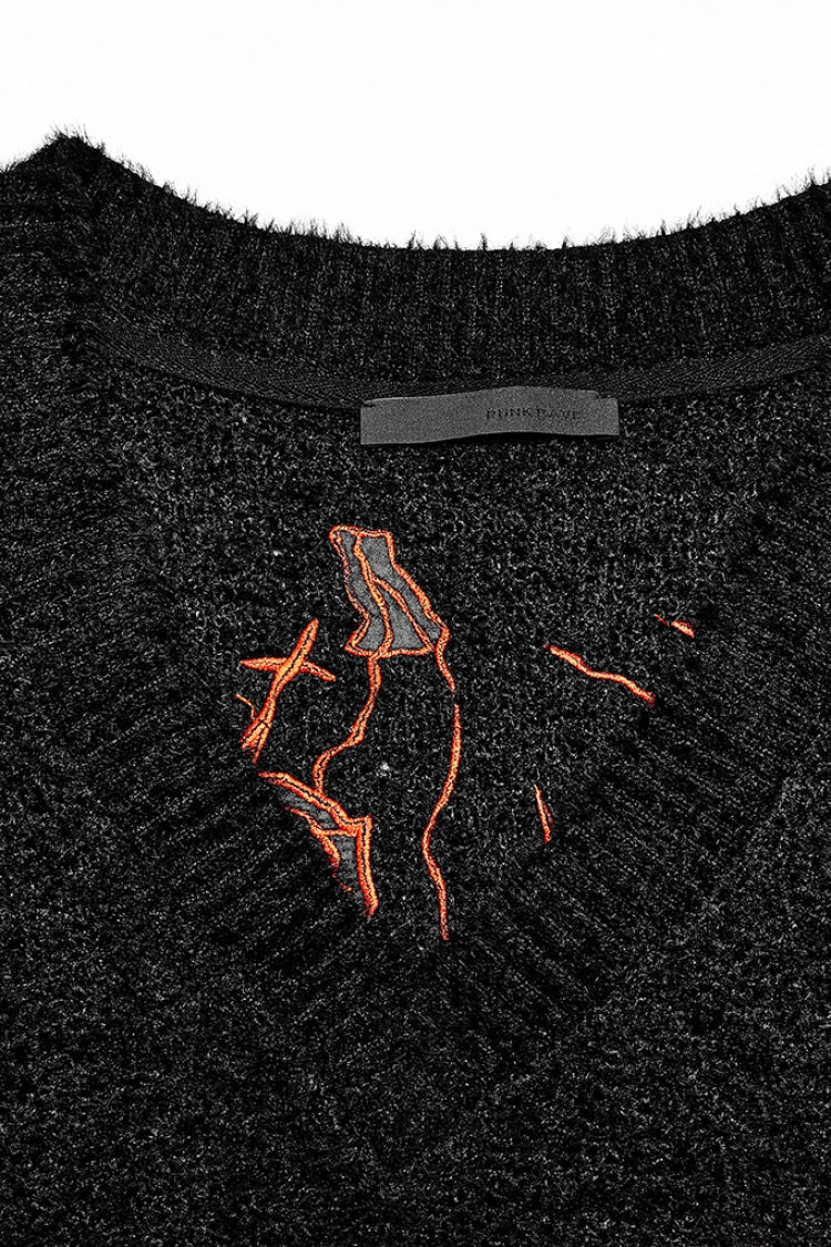 Gothic Tee with V-Neck and Wool Texture for Women - Noir