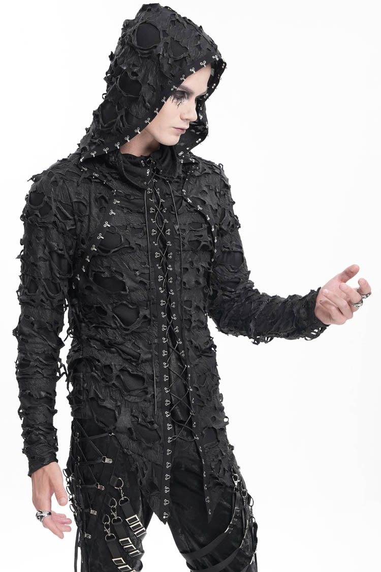 Gothic Hooded Coat with Studs and Lace-Up Front