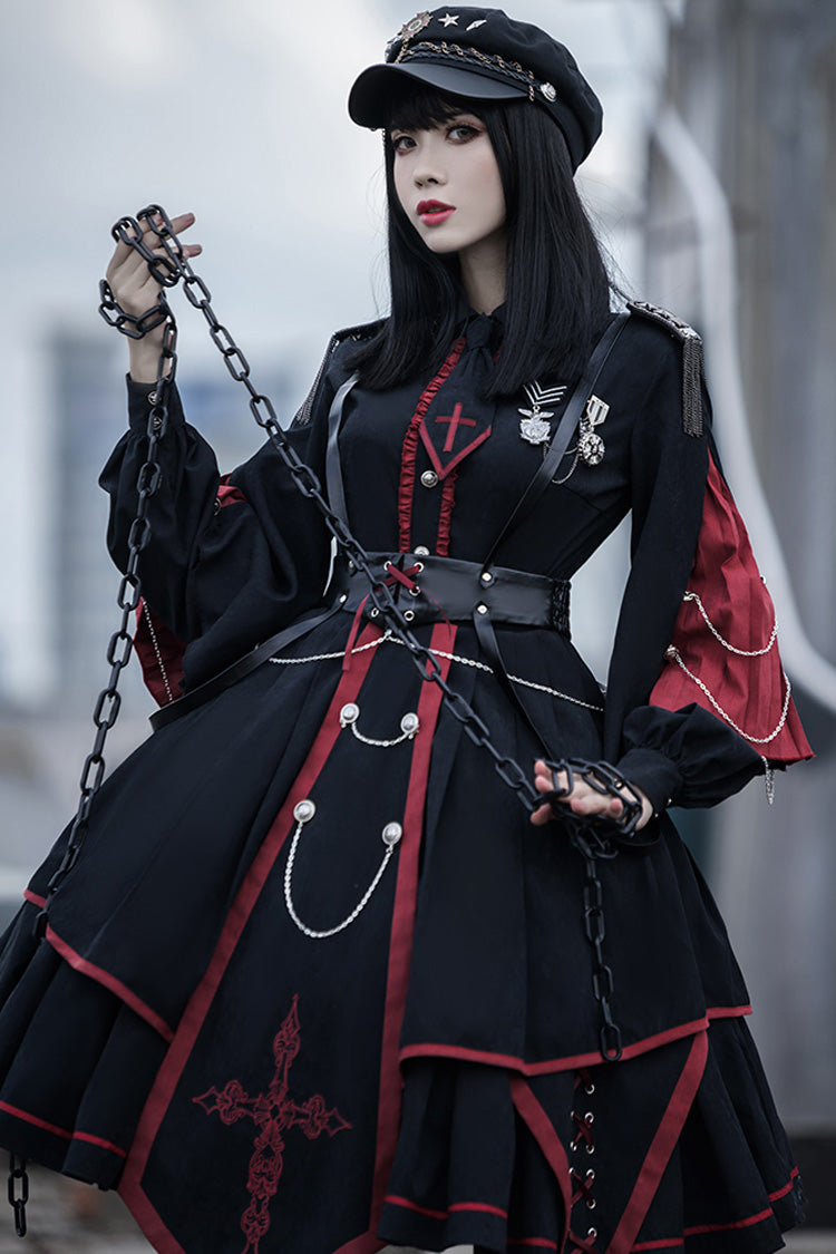 Crimson & Noir Long Sleeve Punisher Military Asymmetric Gothic Lolita Full Set