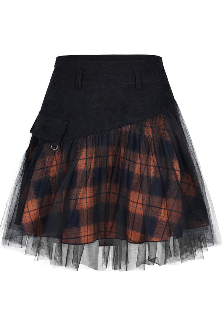 Crimson Noir Lace Mesh Stitching Plaid Metal Buckle High-Waist Punk Skirt