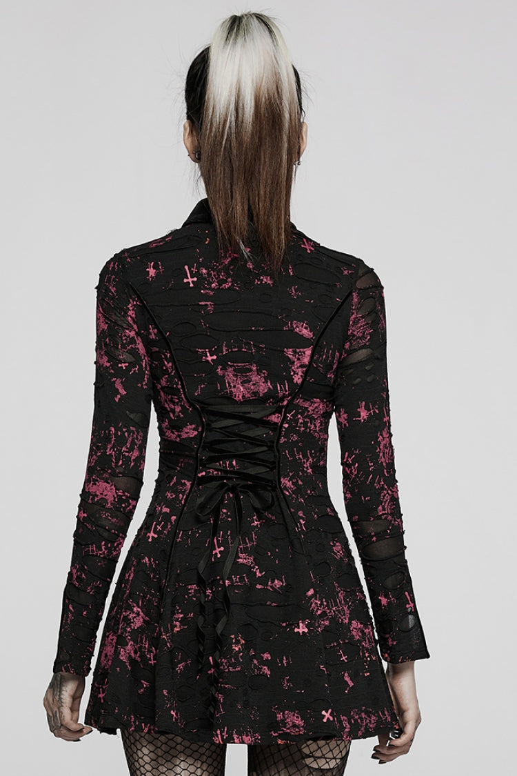 Crimson & Noir Long Sleeve Printed Fitted Distressed Tie-Dye Gothic Dress