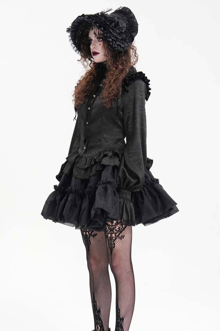 Women's Gothic Blouse with Ruffle Lace and Print, Long-Sleeve Victorian Style