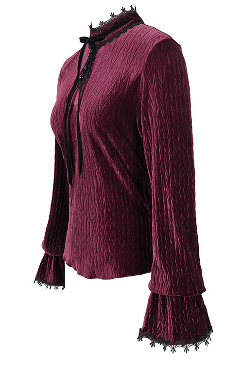 Ruby Velvet Flared-Sleeve Gothic Blouse with Pleats
