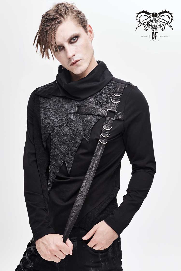 Men's Punk Tee with Cross Clasp and Asymmetric Hem - Noir