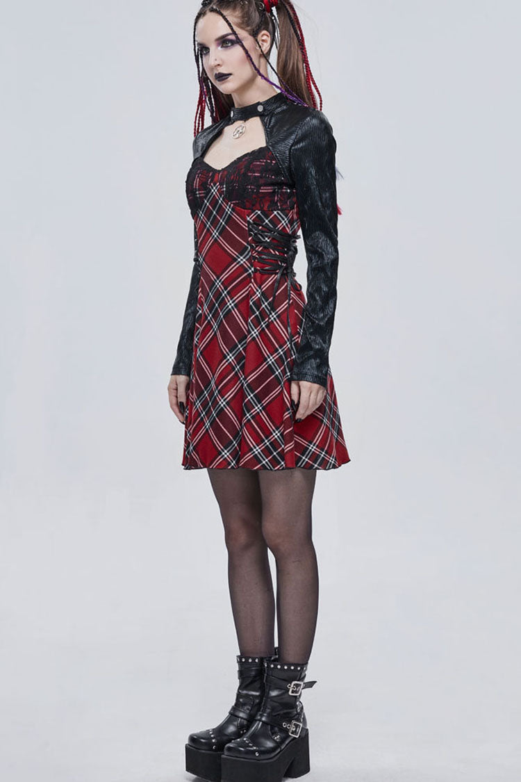 Scarlet Plaid Knit Dress with Side Straps and Pentagram Hardware