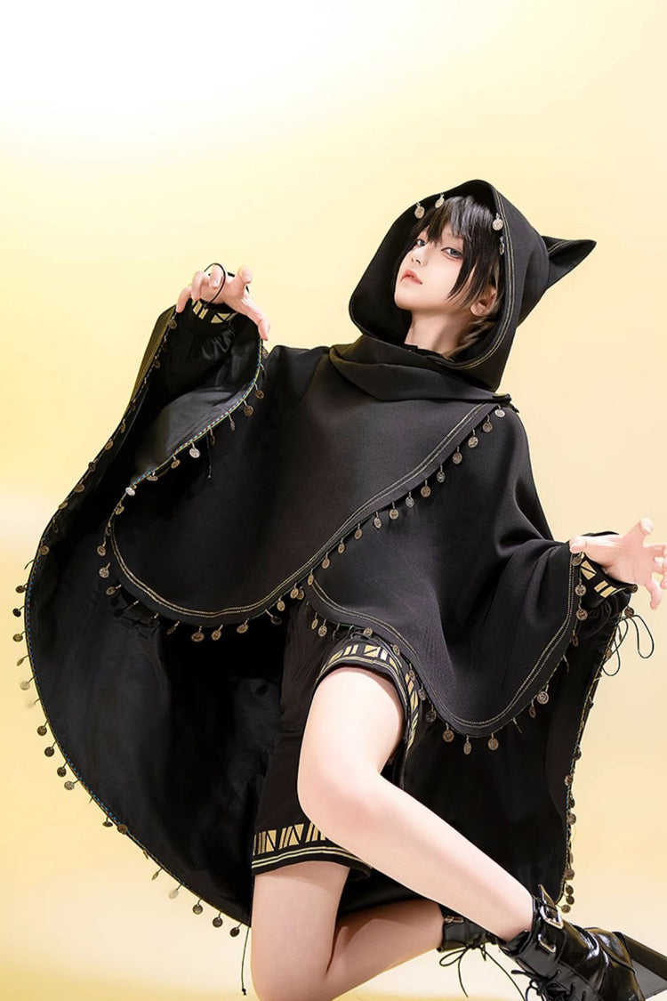 Hooded Ouji Gothic Cloak with Cat Ears Embroidery - Black Cat