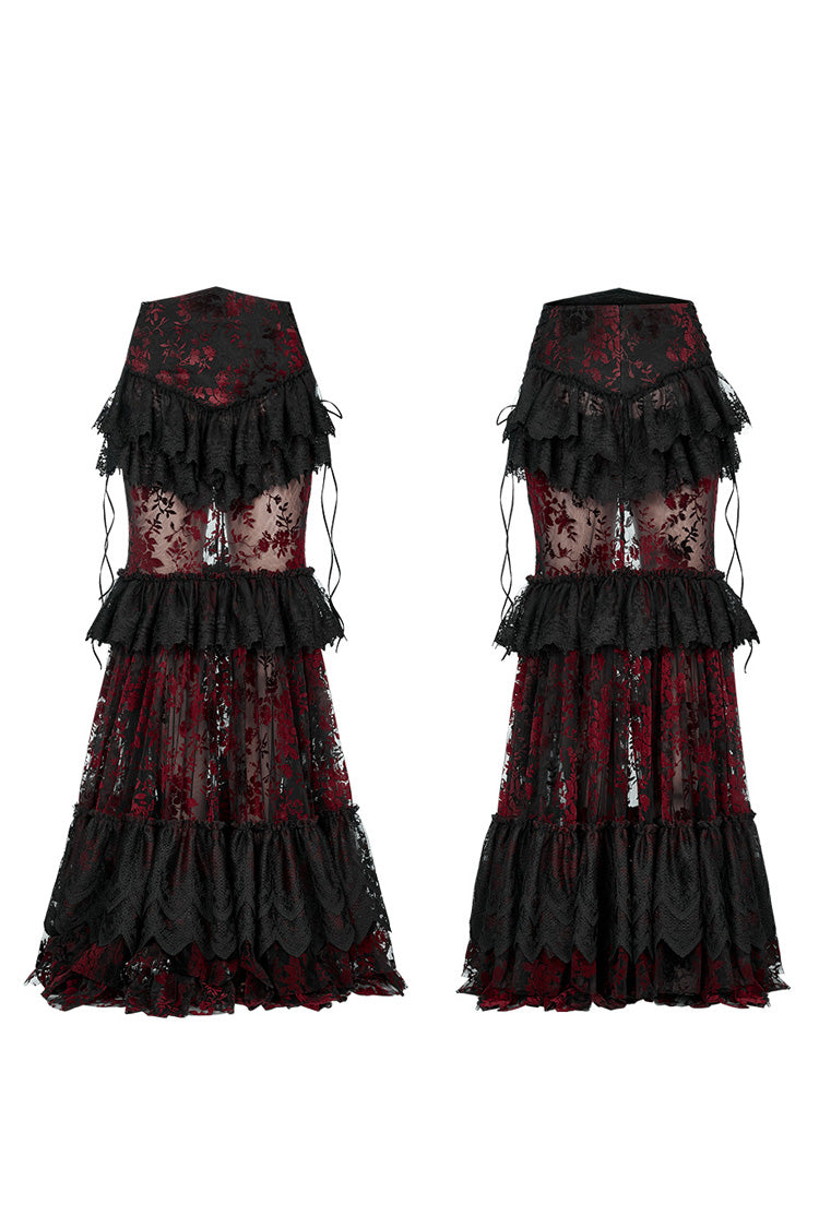 Crimson Noir Layered Ruffle Hollow Lace Gothic Skirt for Women