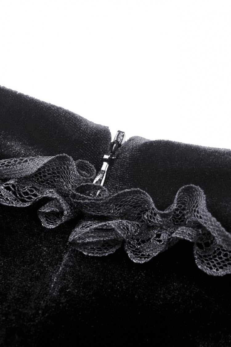 Gothic Velvet Gown with Puff Sleeves and Lace Detailing in Black