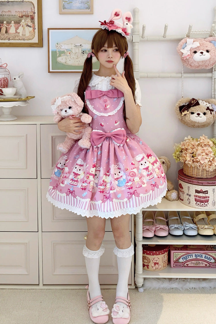 Rose Cupid Bunny Print Sleeveless Bow Princess Lolita Strappy Dress