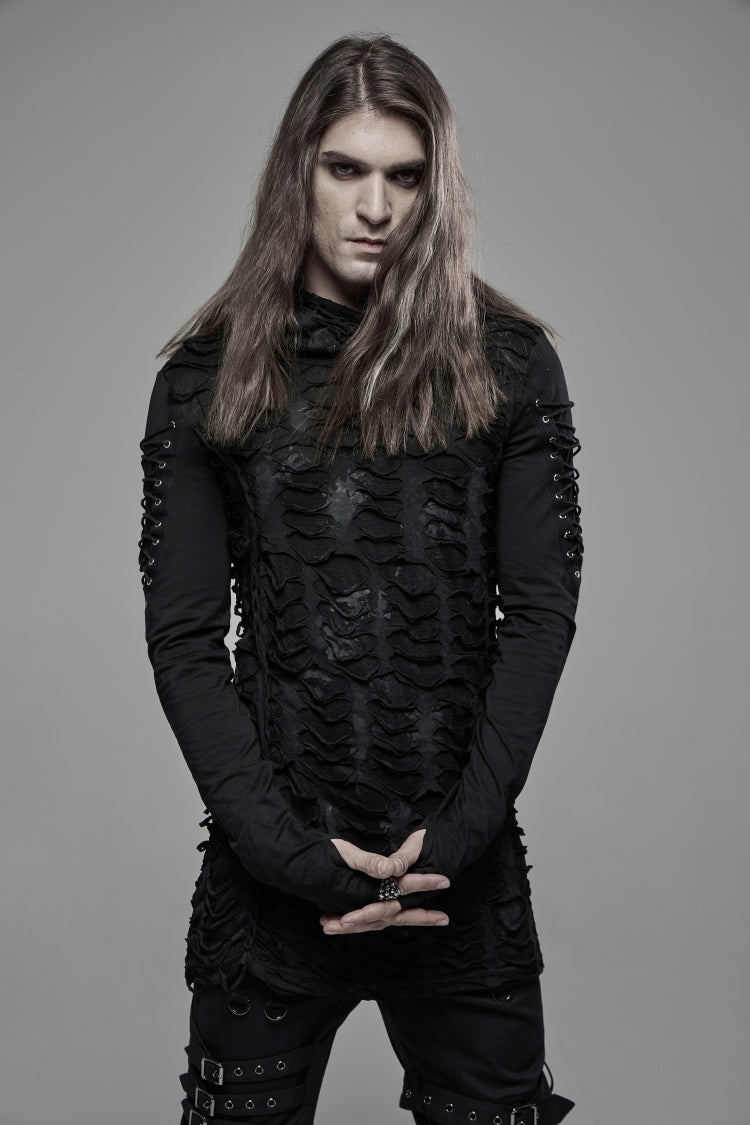Gothic Cool Tee for Men with Lace-Up, Hood, Rips, and Pleats, Extended Sleeves