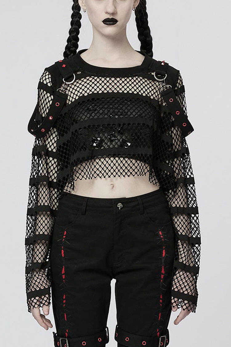Steampunk Sheer Mesh Tee with Lace-Up Detail and Extended Sleeves