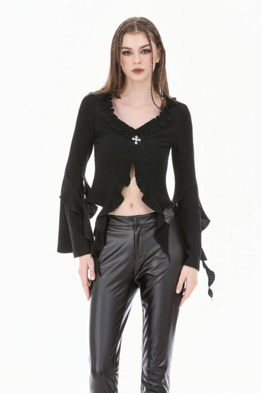 Women's Gothic Crop Top with Ruffled V-Neck, Split Trumpet Sleeves and Streamer