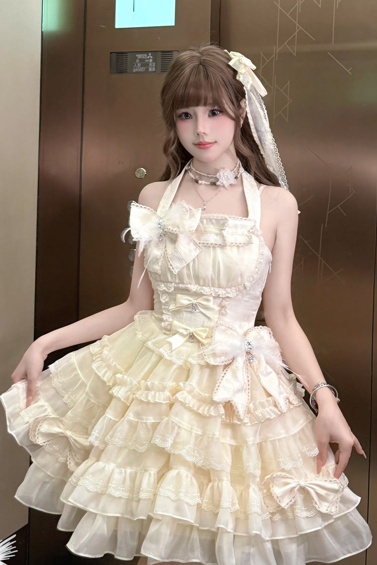 Swan Overture Halterneck Sleeveless Multi-Layered Ruffle Bowknot Lace Sweet Lolita Dress