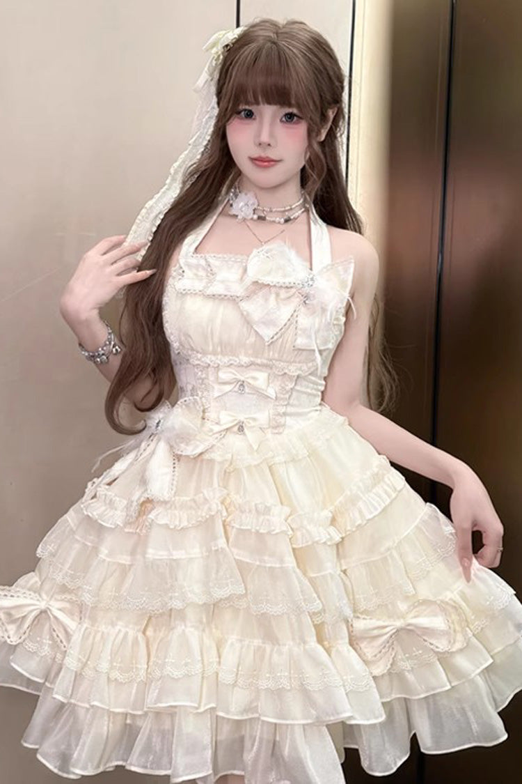 Swan Overture Halterneck Sleeveless Multi-Layered Ruffle Bowknot Lace Sweet Lolita Dress