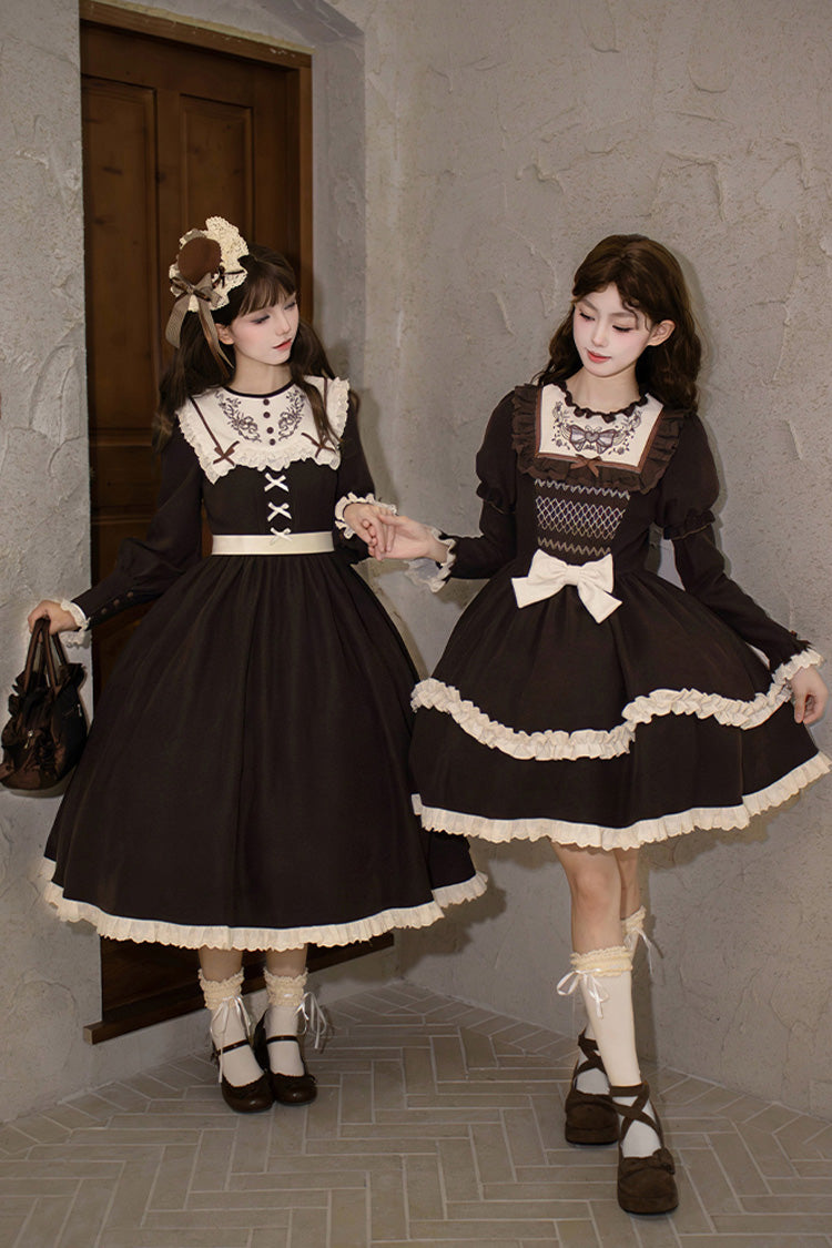 Chocolate Long Sleeve Embroidered Bouquet Ruffle Lolita Dress - Miss Brown