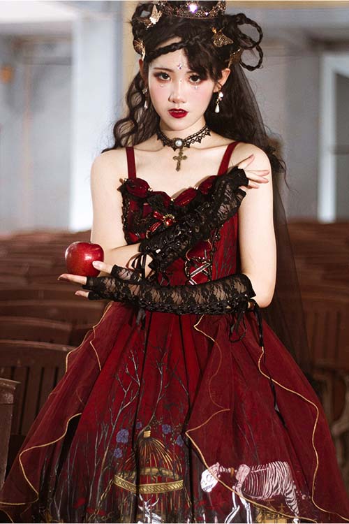 Burgundy Sheer Gothic JSK with Forest Print