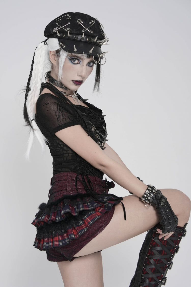 Crimson & Noir Multi-Layer Lace Detachable Eyelet Punk Plaid Falbala Shorts