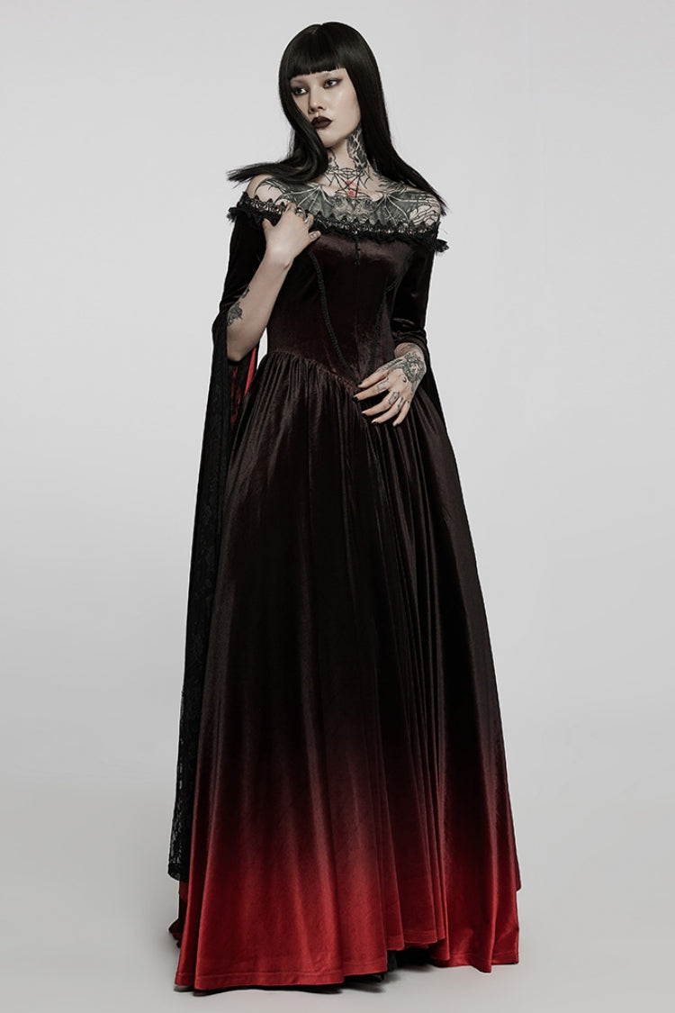 Crimson & Noir Off-Shoulder Long Flared Sleeve Ombre Lace Gothic Gown
