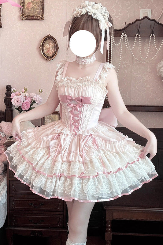 Bale Bebe Sleeveless Triple-Layered Ruffled Bow Lace-Up, Sweet Ballet Lolita Dress