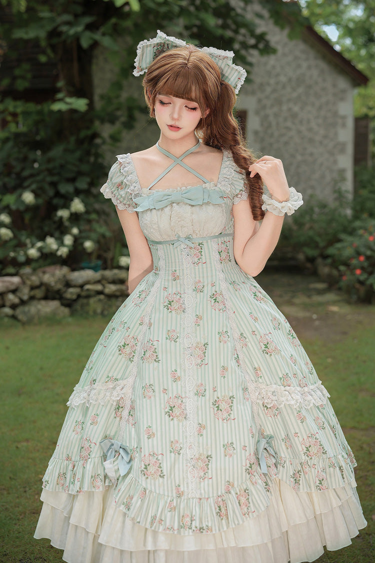 Emerald An Encounter with Austin Square Collar Short Sleeve Multi Rose Printed Ruffled Bow Lace Sweet Lolita Gown