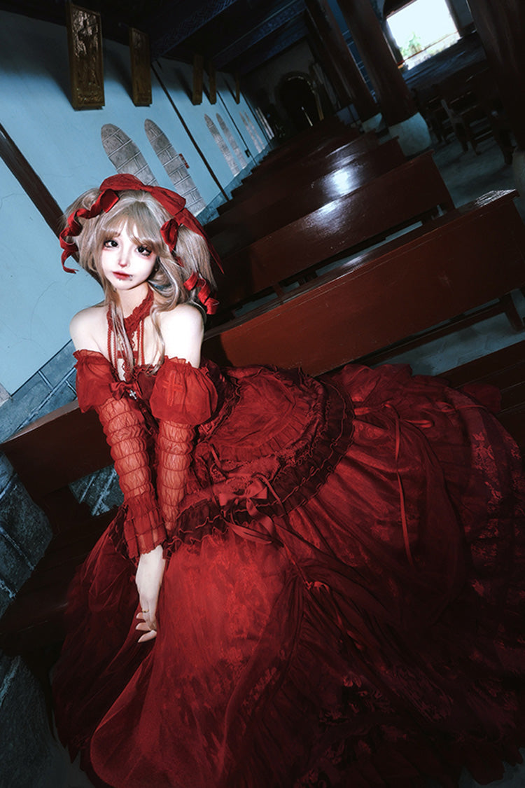 Burgundy Cross-Strap Bow Lace Princess Gothic Lolita Gown