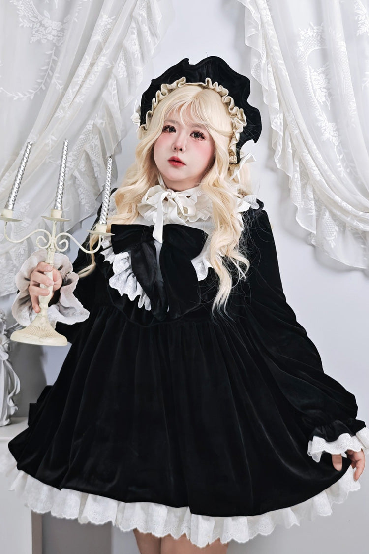 Stand Collar Ruffled Bow Plus Size Gothic Dress - Antique Velvet Doll