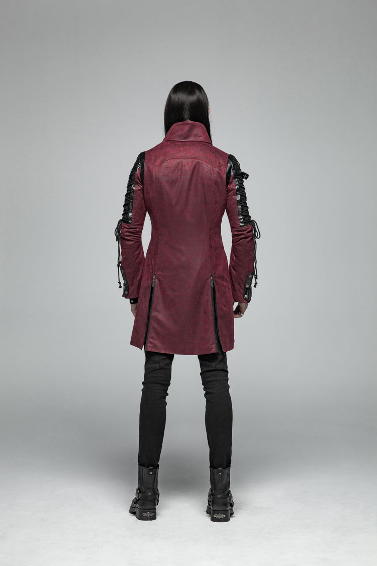 Crimson Steampunk Windbreaker with Metal Buckles and Zipper