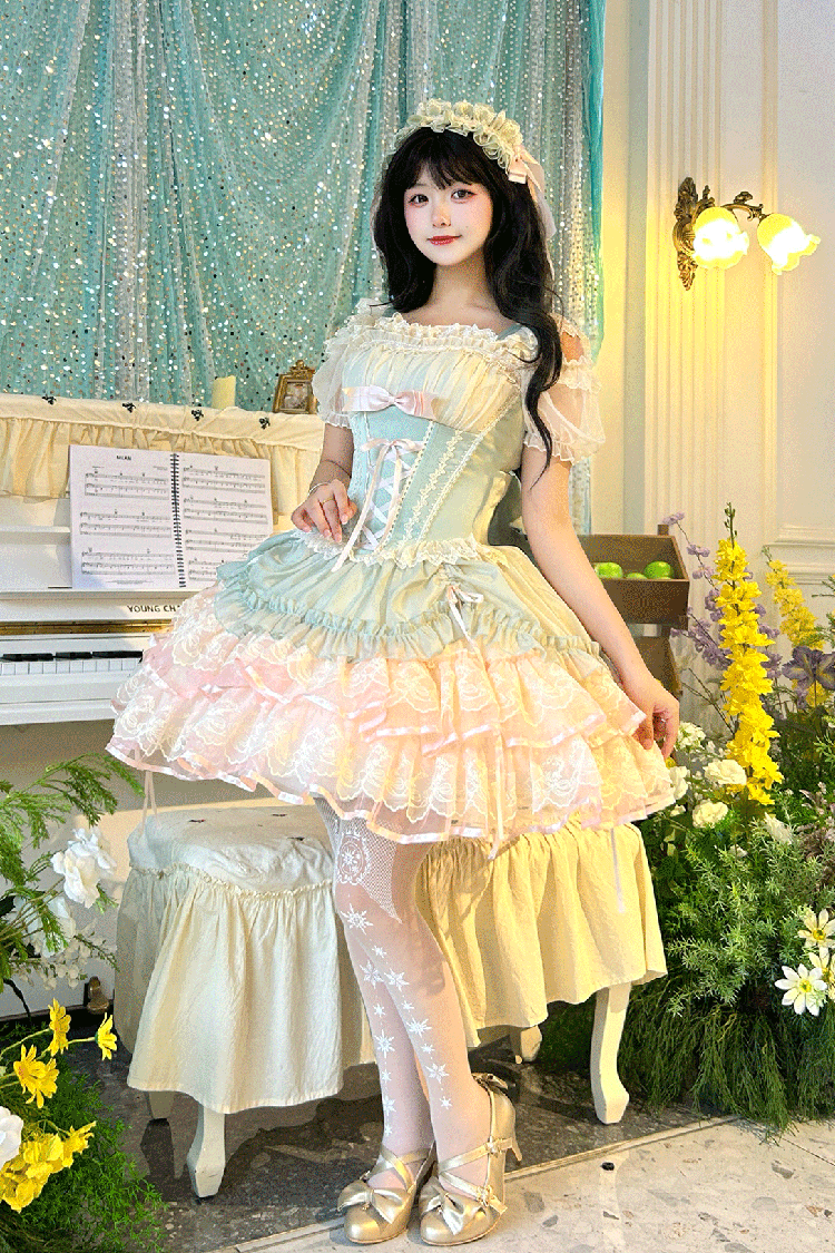 Emerald Bale Bebe Sleeveless Triple Ruffled Bow Lace-Up Sweet Ballet Lolita Gown