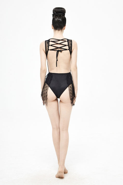 Gothic One Piece Swimsuit with Back Lace Stitching, Cross Strap, Lace Up