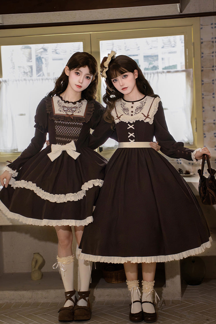 Chocolate Long Sleeve Embroidered Bouquet Ruffle Lolita Dress - Miss Brown