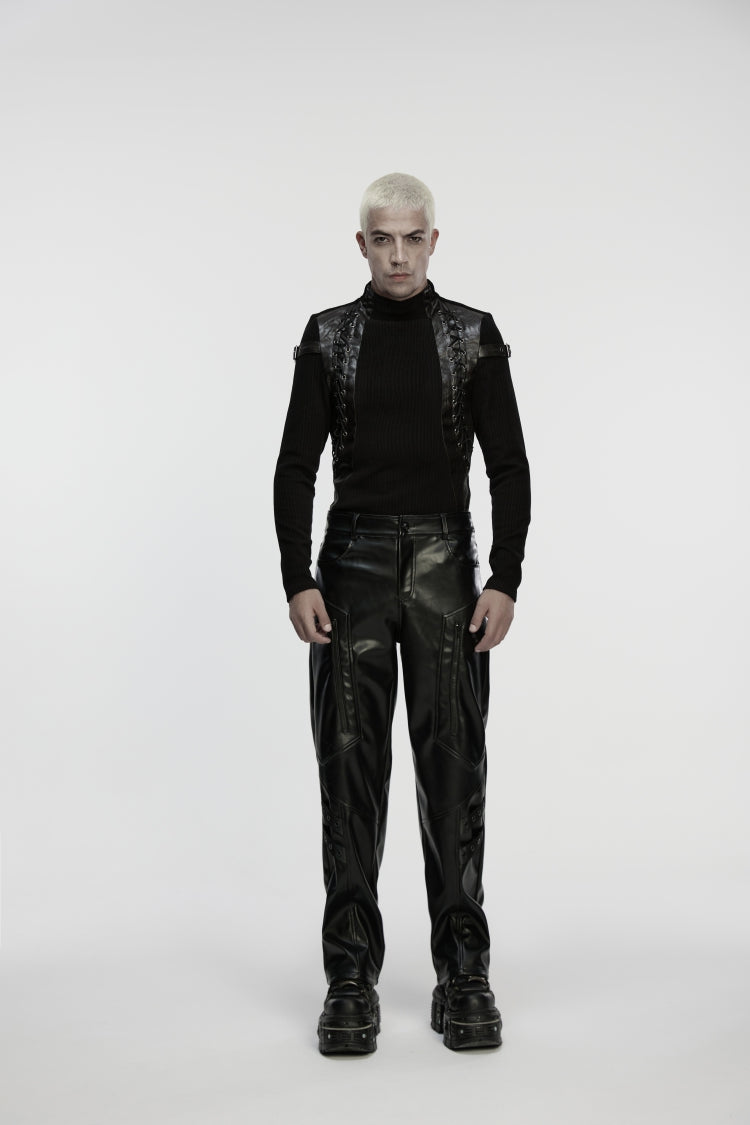 Men's Punk Faux Leather Trousers with Eyelets and Zip - Noir