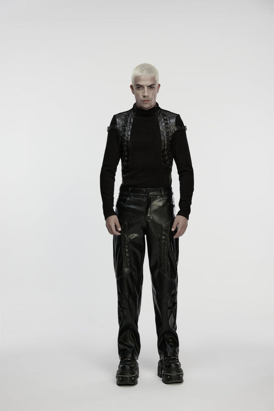 Men's Punk Faux Leather Trousers with Eyelets and Zip - Noir