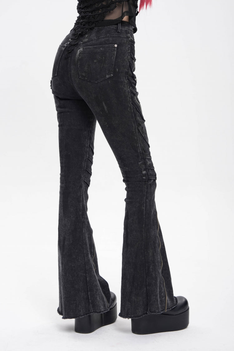 Edgy Flared Trousers with Zips and Pleats for Women - Noir
